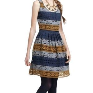 MAEVE Crochet Fit and Flare Dress Blue Grey Mustard Striped Fit 4 Cocktail Dress